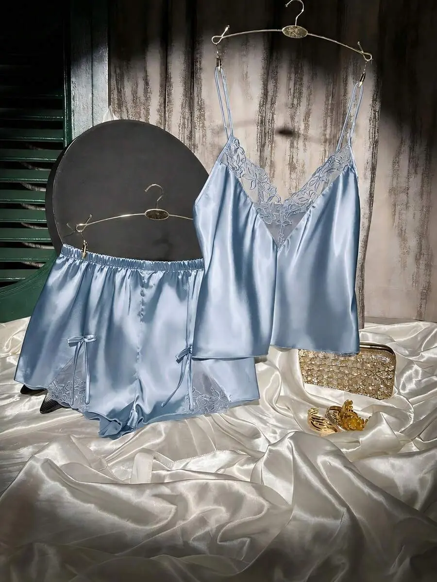 Women's Sexy Heavy Embroidery Coffee Color Faux Silk Camisole & Shorts Pajama Set