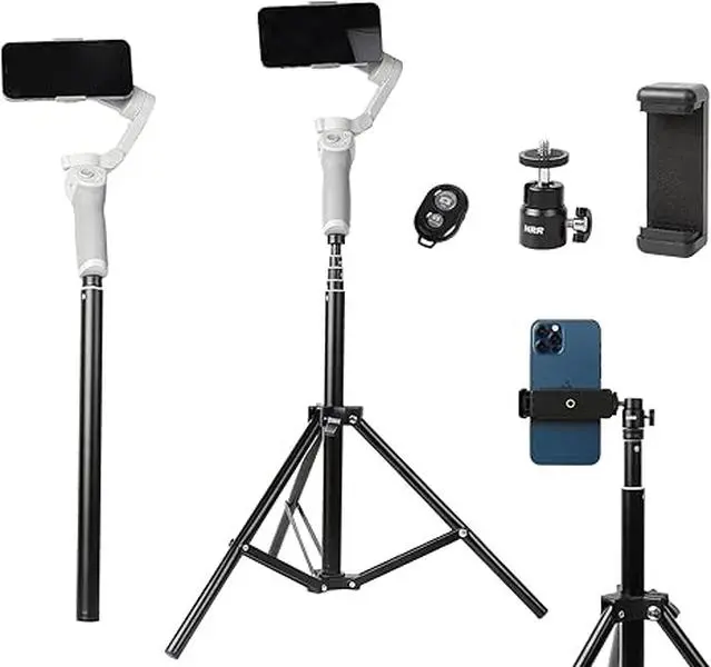 PellKing 2-in-1 59in Adjustable Tripod Extension Rod & Selfie Stick with Wireless Connection, Rubber Universal Mount, Phone Clip, Remote for DJI OM4 SE 5/Osmo Mobile 6 3 2/Feiyu Zhiyun Gimbal Accessories, ABS Controller