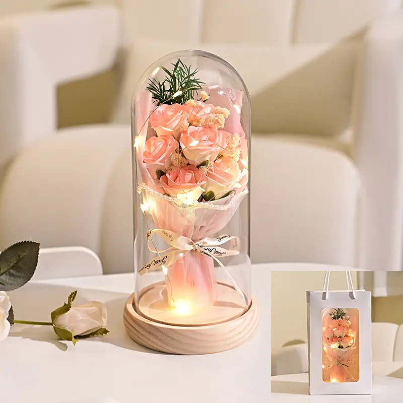 Decorative Handcrafted Artificial Rose Bouquet - 1pc Mi-Yi Preserved Glass Dome Gift Flower with Wooden Base (Adds Warmth & Stability), LED Light, Plug, 8.6in Tall, 4.4in Wide, Bedroom/Study Decor Keepsake, Perfect Gift for Grandmother