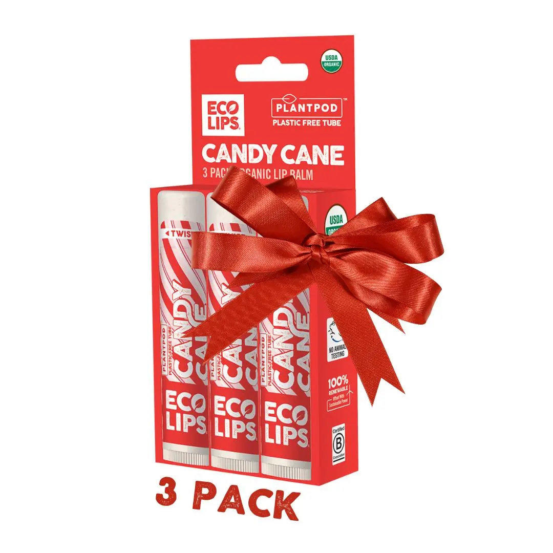 ECO LIPS, INC. Candy Cane Plant Pod Organic Lip Balm 3 Pack Gift Set Peppermint Vanilla Flavor USDA Certified Organic Cruelty-Free Stocking Stuffer