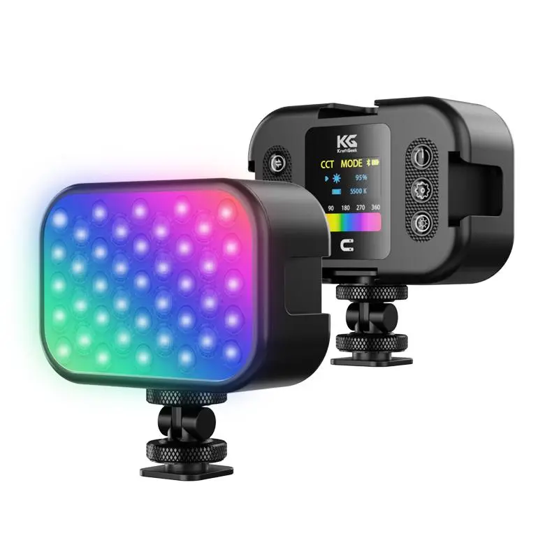 KraftGeek Pocket RGB LED Lights, Full Color, Adjustable Hue & Brightness, LCD Screen, 2000mAh Rechargeable Battery for Camera Photography