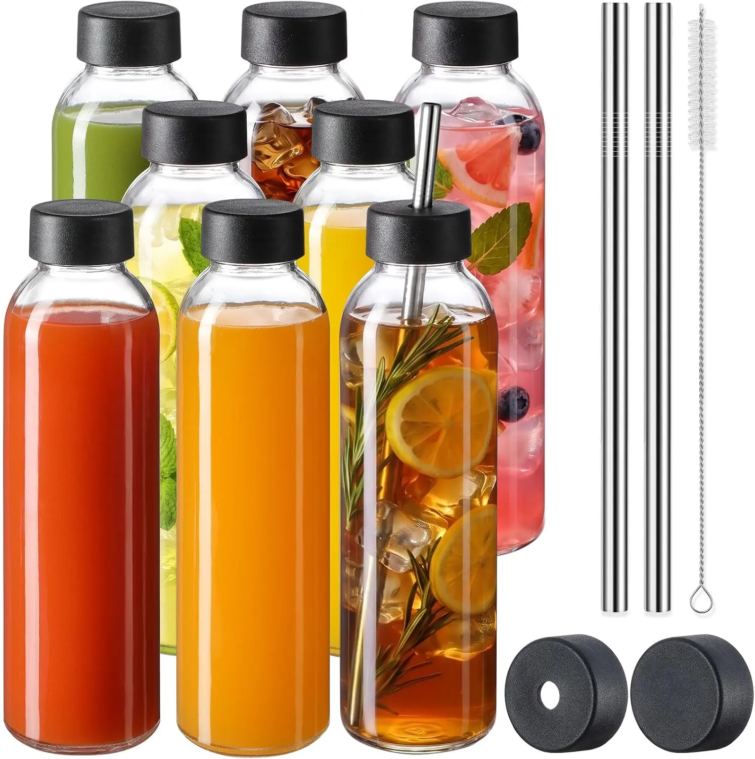 8 Pack 18 oz Glass Juice Bottles with 8 Airtight Lids &2 Straw Hole Lids &2 Straws, Reusable Drinking Jar, Clear Water Bottles for Juicing, Smoothies, Refrigerator & Travel - BPA Free