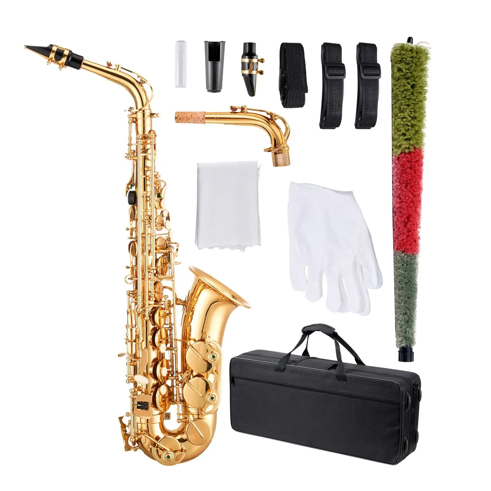 Gold Brass Alto Saxophone In Eb Key Beginner Kit With Case, Straps, Mouthpiece, Reeds, Cleaning Cloth And Starter Accessories Designed For Students, Learners, And Music Classroom Use