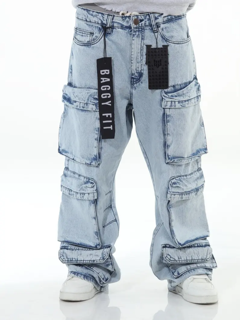 STYLO Men's Baggy Cargo Pocket Denim Jeans , Loose Fit Wide Leg  Casual Bottoms All Seasons - Fabric