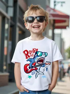 Summer Cool Rock Shark Boy T-Shirt, Kids Music Festival Picnic Streetwear, Sunglasses Shark Guitar Print, Fun and Trendy