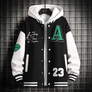 Menswear Black & White Hooded Varsity Coat, Long Sleeve Stylish Design with Cool Patches, Perfect Fit Fabric