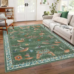 GARVEE Mushroom Washable Rug 5x7 Area Rugs for Living Room, Insect Print for Bedroom, Non Slip Throw Rugs with Rubber Back, Soft Low Pile Dining Room Carpet for Under Table, Green