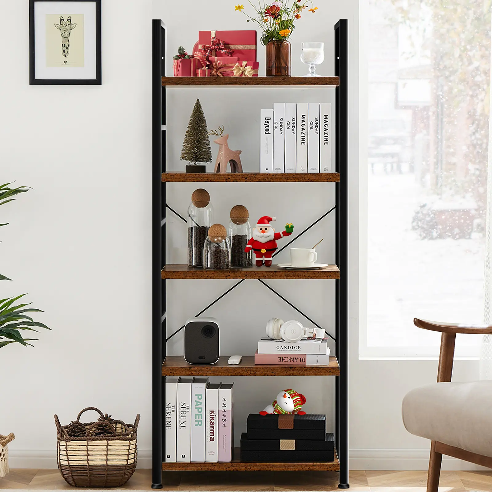 Sweetcrispy 5-Tier Industrial Corner Bookshelf - Modern Tall Office Furniture Shelves, Home Library Apartment Furniture for Bedroom, Ideal for Books, Room Storage of Garage Kits, CDs, Movies, Living Room Furniture