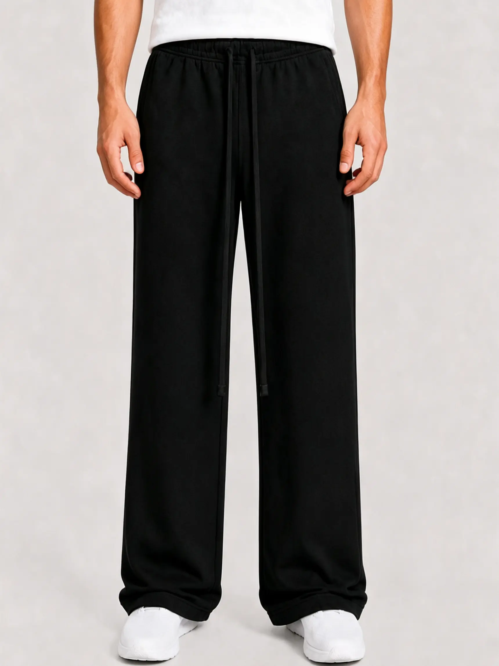 Men's Open Hem Black Sweatpants - Elastic Waist, Sporty Chic Style, Clean Design, Unisex Casual Streetwear Loungewear Bottoms