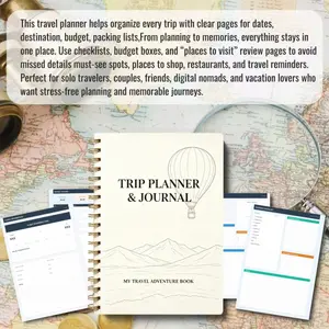 A 70-page travel planning handbook and journal  portable itinerary checklist template, including daily diary, date, destination, budget, packing list, and other features, spiral-bound, designed specifically for travel planning