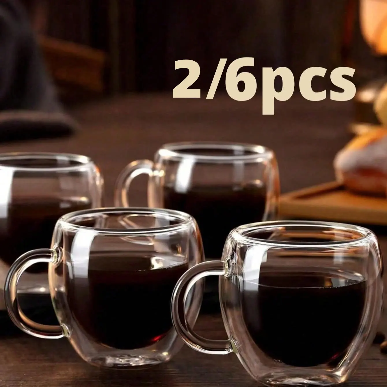6pcs ，2pcs，Clear Espresso Mugs 2.8oz (80ML) with Handles, Coffee Drinkware, Dual-Wall Insulated Heat-Resistant Mugs for Espresso Machines, Ideal for Home Gatherings, Insulated Espresso Cups
