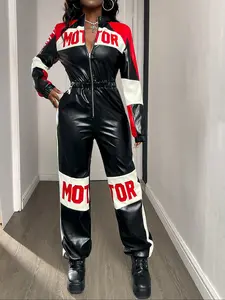 Women Moto Sporty Jumpsuit Zip Up Long Sleeve Patchwork Racing One Piece Outfit Slim Fit Biker Style Motorcycle Inspired Catsuit Streetwear Clubwear Festival Performance Stage Outfit Fashion Trendy