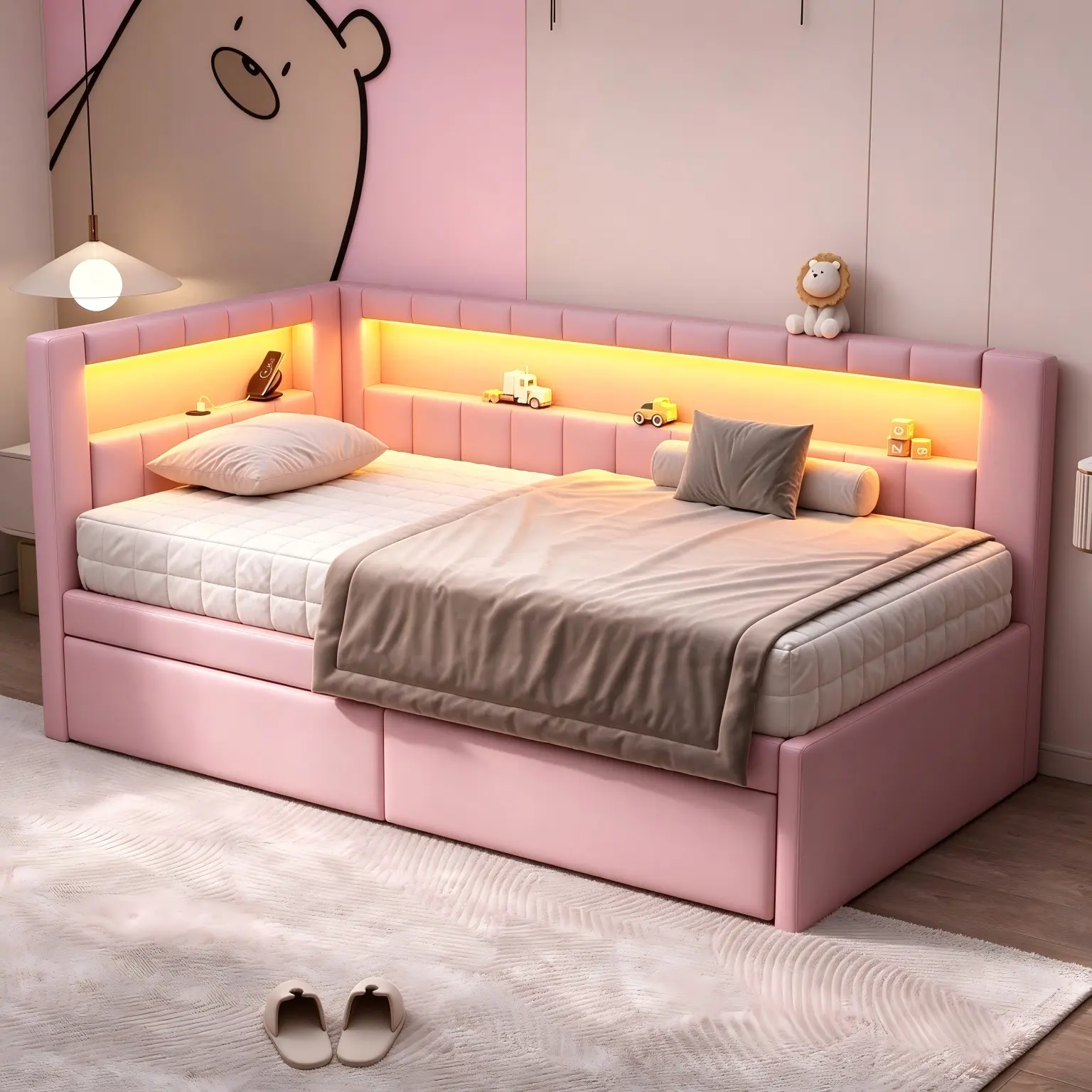 Upholstered Twin Size Platform Bed Frame with LED Light Strip & USB Charging Ports, 2 Storage Drawers, No Box Spring Needed,Pink