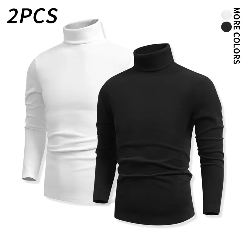 Men’s 2 pcs slim fit long sleeve tops with a high collar, stretchy soft knit, roll up high neck for warmth—classic black/white solid color basic undershirts.Suitable for layering in autumn and winter, outdoor cold protection, and home wear.