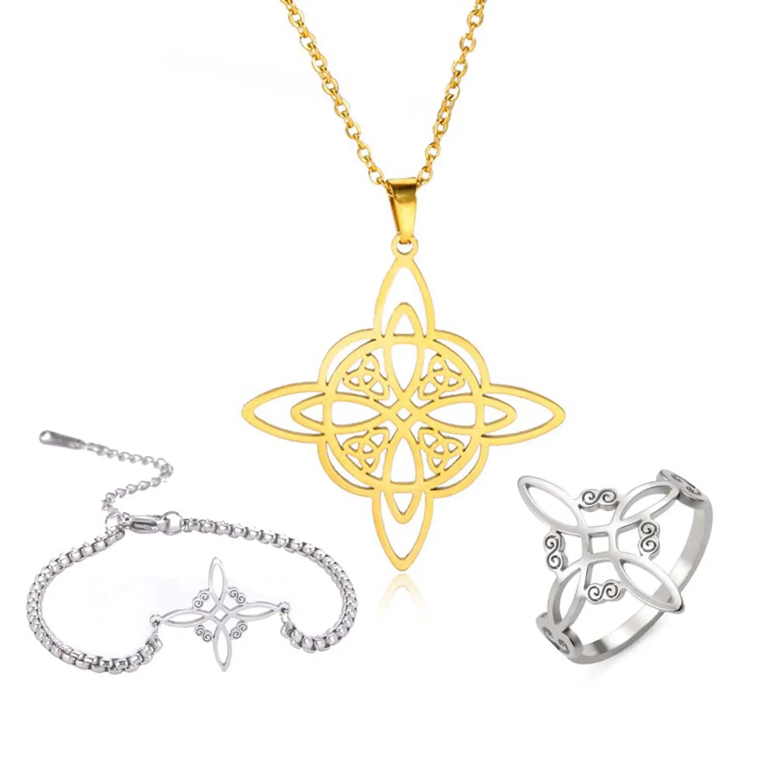 Gothic 3-Piece Matching Jewelry Set for Women, Witch Knot Hollow Design with Synthetic/Simulated Coloured Gemstone, Unique Gift for Someone Who Loves Symbolic Accessories, Daily Wear