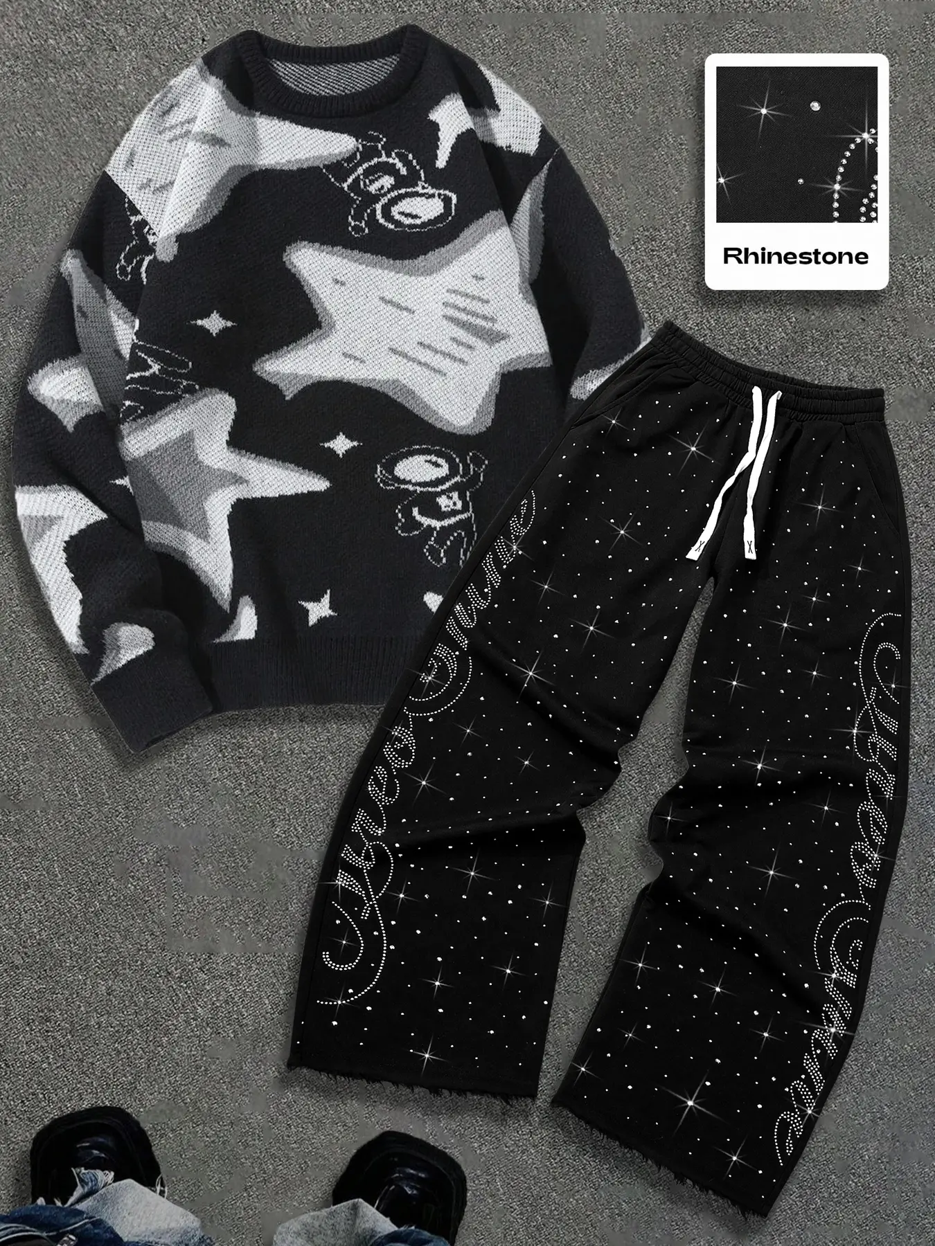 Men's Casual Fashion Astronaut Star Knit Pullover Sweater + Unique Rhinestone Letter Print Drawstring Waist Pants Set, Fall & Winter Wear