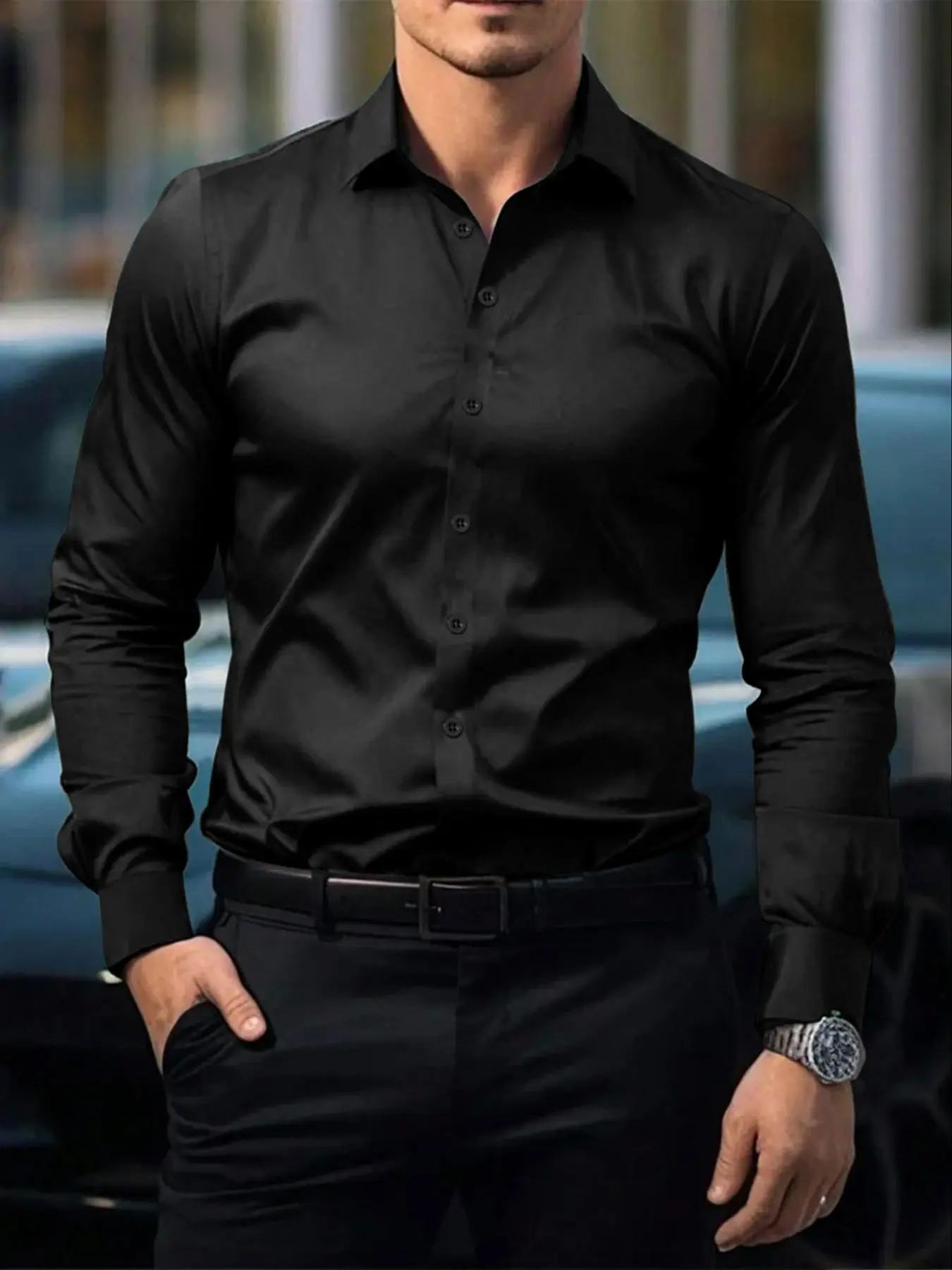 Men's Solid Long Sleeve Dress Shirt, Slim Business Formal Shirt for Work Office, Men's Top for All Seasons, Menswear