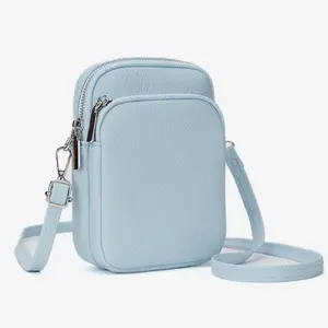 1pc Double Zipper Premium Crossbody Phone Bag for Women, Lychee Pattern Soft Leather Large Capacity Layered Storage Shoulder Bag, Adjustable Strap Scratch-resistant Portable Phone Pouch for Daily Commute Travel Shopping, Versatile Mini Round Bag