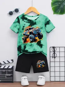 Boys' Off-Road Car Print Tie-Dye Short Sleeve T-Shirt + Elastic Waist Shorts Set, 2-Piece Summer Outdoor Casual, Outfit Kids Playful Adventurous Vibrant