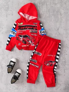 Boys' Fall Winter Hooded Sweatshirt Fitted Set, Race Car Print Long Pants, Casual Sportswear for Kids, Age 6-8 Years Old