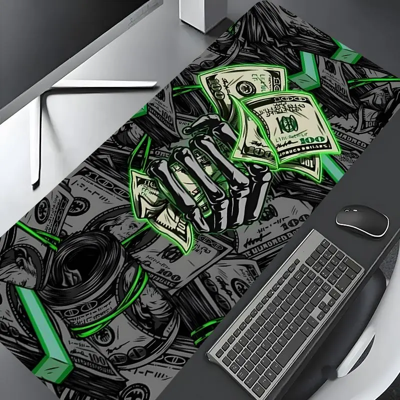 Neon Green Cash Skull & Dollar Design  Large Gaming Mouse Pad, Stylish Desk Protector with Non-Slip Rubber, Multi-Size for Laptop & Desktop Use, Gaming Room Accessories, Mousepad