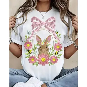 Women Easter Bunny With Flowers And Bow Embroidered Design Pure Cotton Casual Round Neck T Shirt Soft Comfortable Spring Summer Wear graphic tees funny men 67 Say You Swear Eat Sleep Goon Repeat T-Shirt 90s good Short Sleeve Rifle Vintage In Utero