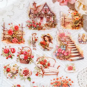 Vintage Flower House Pattern Sticker, 30pcs/pack Scrapbooking & Journal Making Material Paper, DIY Decorative Sticker for Stationery Computer Water Bottle