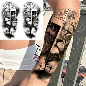 2-piece waterproof forest lion Jesus cross temporary tattoo stickers,fake tattoos,Semi Permanent tattoo,suitable for men and women's arm and leg tattoos,long-lasting and realistic Halloween boby art,creating a unique style,