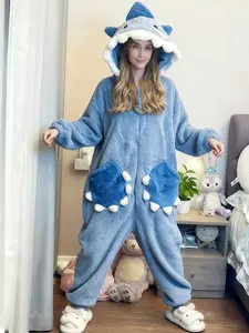 Blue Shark Cartoon Onesie Warm Fleece Pajamas, Cute Role Play Costume, TV Blanket, Comfortable Home Wear Loungewear, Unisex Couple Nightwear Pjs Homewear Pyjamas