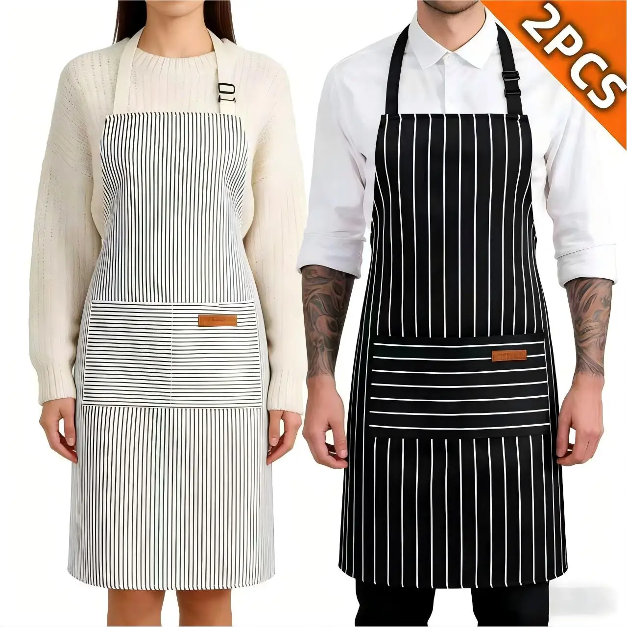 [Summer Supply] Adjustable Chef Apron Set – 2 Pack for Men & Women Kitchen aprons with pockets. Multiple colors available – black/brown. Includes cleaning cloth. Adjustable, unisex design. Perfect for cooking.