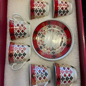 Tea Cup Set with Red and White Diamond Pattern Includes 4 Cups and Saucer Perfect for Tea Lovers