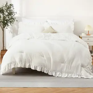 White Ruffled Comforter Set 3 Pieces Soft Vintage Country Style Bedding Set with Shams Fluffy Lightweight for All Season Use, 90x90 in