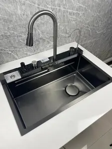 30 Inch Smart Workstation Kitchen Sink with Water-Powered Piano Key Control, Digital Display & 3-Mode Pull-Out Faucet, Honeycomb Coating, Cup Washer & US Garbage Disposal Compatible