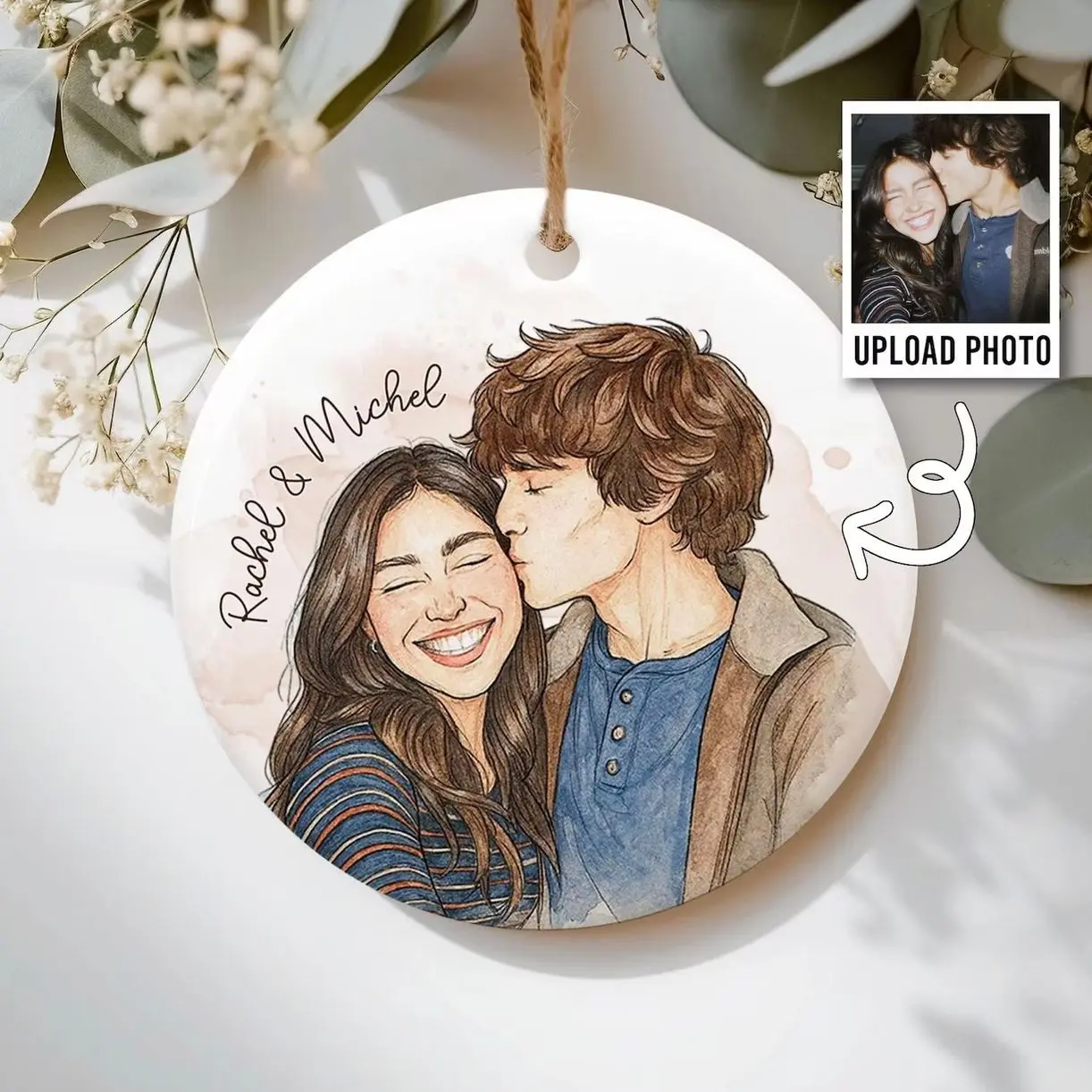 Custom Photo Ornament, Personalized Watercolor Photo Ornaments, Valentine Gift 2026, Family Portrait Ornament, Bestie Gift, Couple Gift