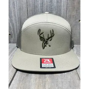AF Waterfowl 3D Puff Buck Logo 7 Panel Trucker Loden Cotton Twill Polyester Mesh Flat Visor Adjustable Snapback OSFM Hat