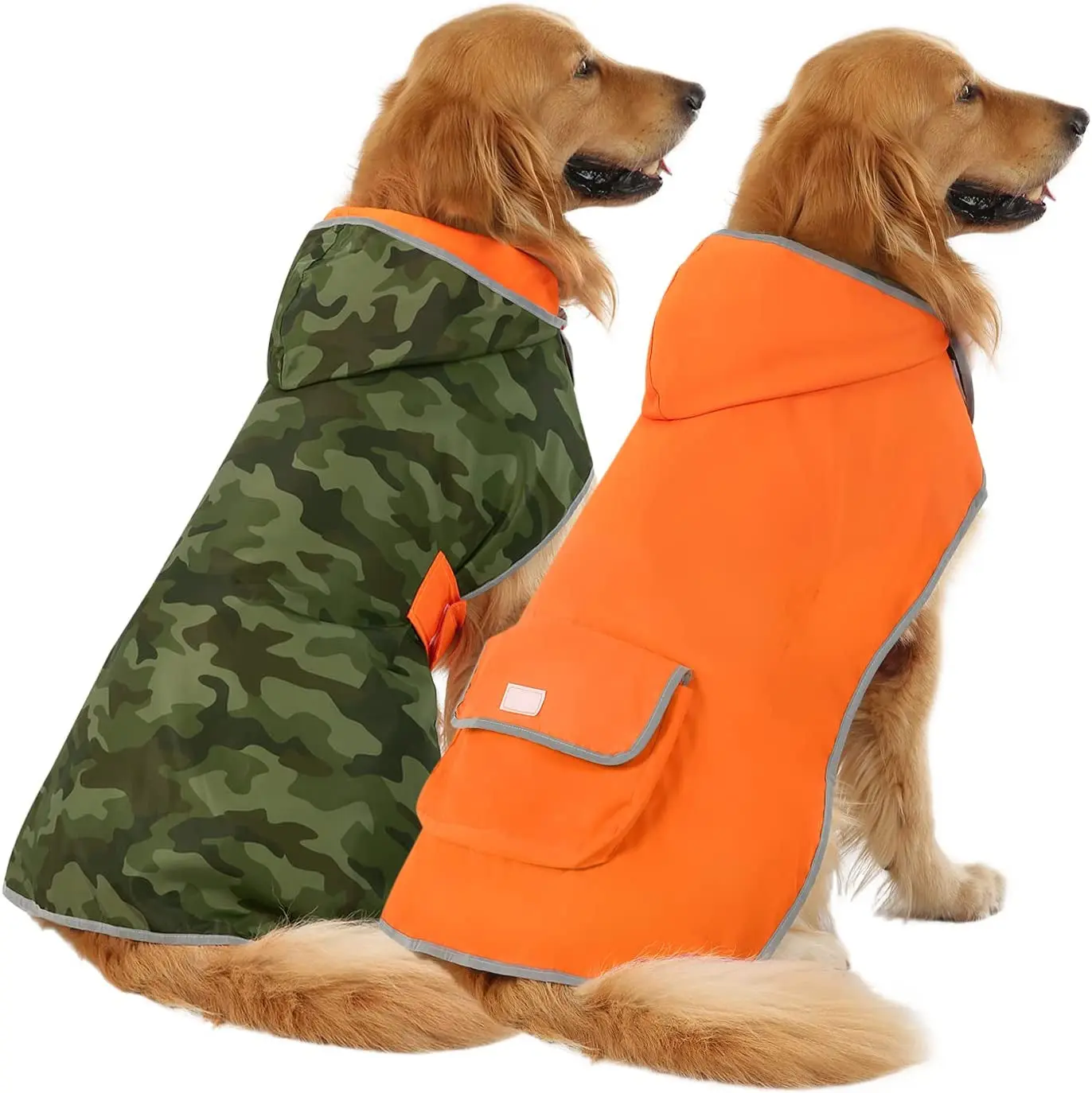 Reversible Nylon Waterproof Dog Raincoat - Hooded Slicker Poncho with Floral Accent, Reflective, Built-in Leash Hole, Camo Orange, Size L for Small/Medium/Large Dogs (Walking, Traveling Ready)