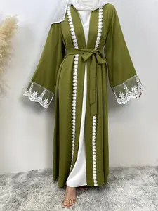Women's Contrast Lace Belted, Elegant Long Sleeve Open Front Abaya Modesty Abaya for Party Holiday Vacation, Ladies Islamic Clothing for All Seasons