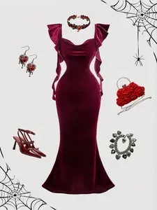 Women's Burgundy Velvet Dress, Ruffle Formal Dress, Maroon Homecoming Dress, Holiday Party Dress