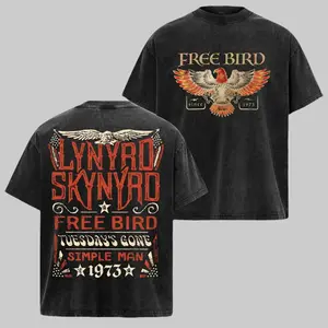 Lynyrd Skynyrd T-Shirt for Men, Free Bird Vintage Washed Cotton Graphic Tee, 90s Grunge Aesthetic, Stylish Classic Rock Band Merch