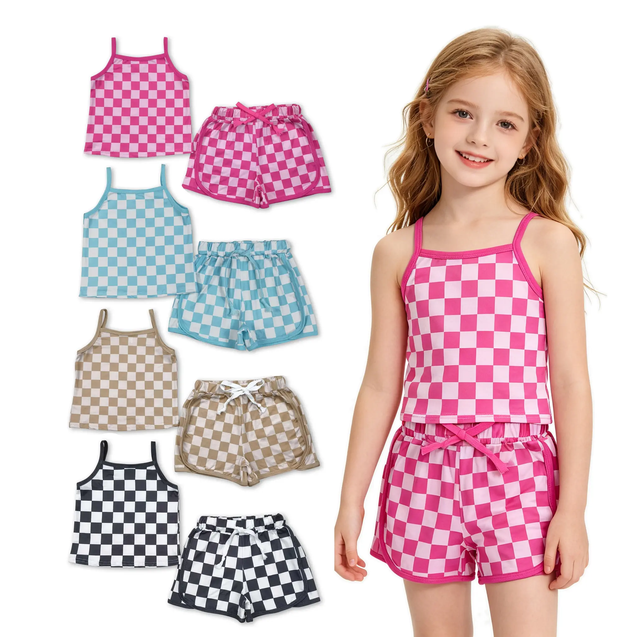 Girls' 2-Piece Cotton Checkerboard Crop Top & Shorts Clothing Set, Comfy Stylish Summervibes Fashion Clothes Set, Kids' Summer Outfit Gift, Clothing Sets