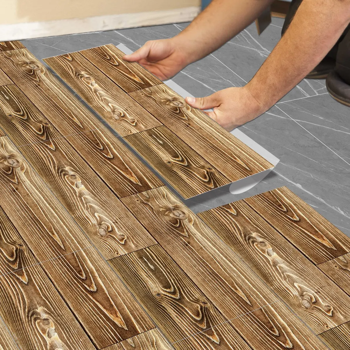 Warm Faux Wood Grain Pattern PVC Waterproof Pvc Material Self-Adhesive Floor Tiles, Waterproof Durable DIY Flooring, Living Room Bedroom Kitchen Rent House Repair, Peel Stick Tiles