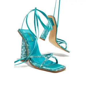 Crystal Embellished Lace Up High Heels - Aqua