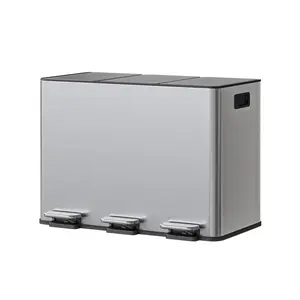 3-Compartment Stainless Steel Kitchen Trash Can：Soft-Close Step Pedal, Removable Buckets & Side Handles, Slim Recycling Bin for Home or Office, Hands-Free Waste Sorting.