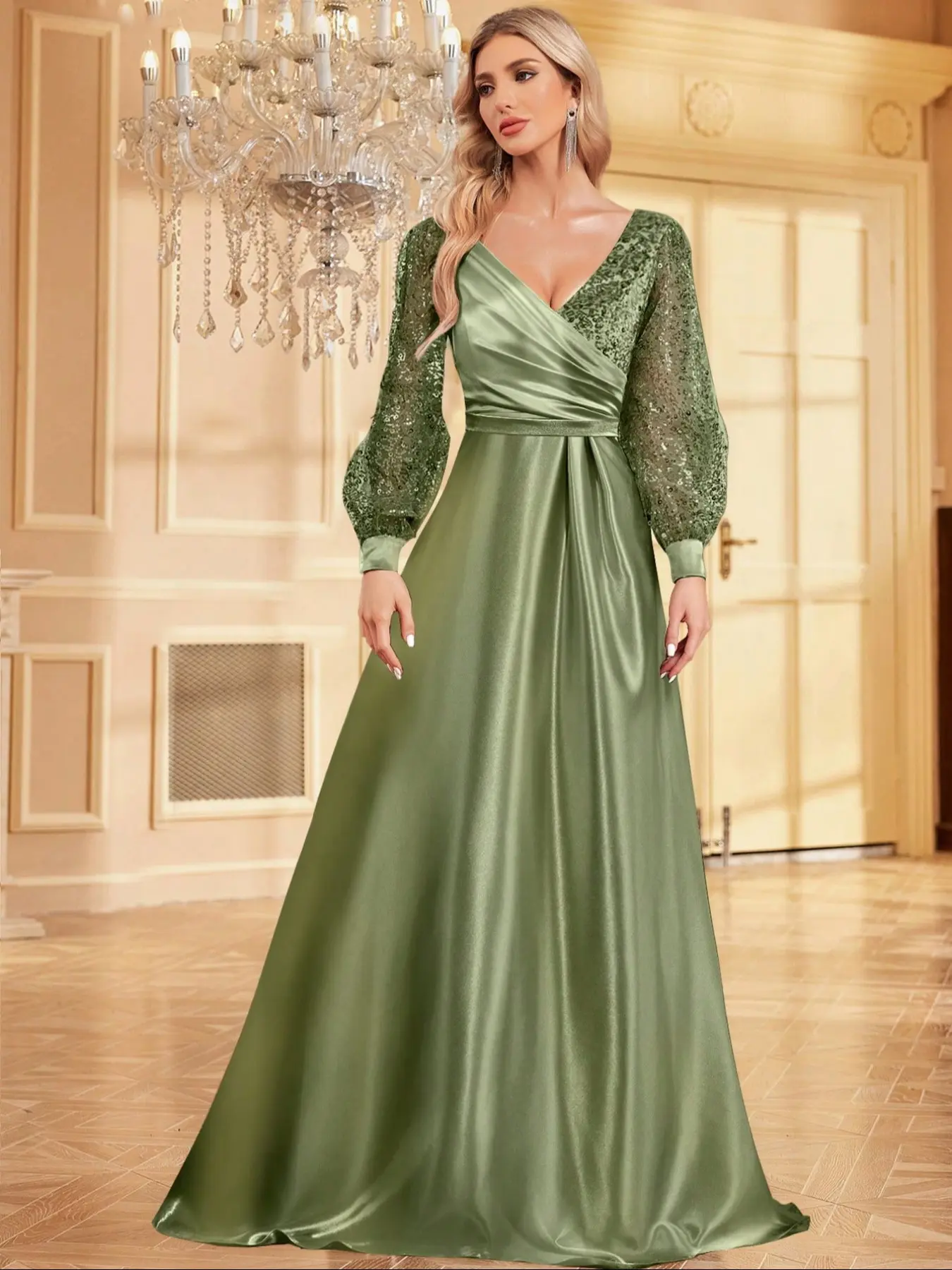 Women's Glitter Sequin Contrast Mesh Woven Wrap V Neck Long Sleeve A Line Evening Dress, Elegant Bishop Sleeve Maxi Evening Party Gown, Formal Wear, Ladies Spring & Fall Clothes, Womenswear