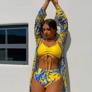 Women's Sun Protective Swimsuit Cover Up Set - Yellow Maple Leaf Tankini & Longline Cover-Up 3 Piece Outfit; UPF 50+ Beach Swimwear; Summer Vacation Clothes