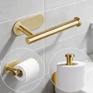 No-drill toilet roll holder – 4-piece 304 stainless steel bathroom hardware set, self-adhesive wall-mounted fittings set; suitable for horizontal or vertical installation, includes a towel rail, toilet roll holder, towel ring, and bathrobe hook