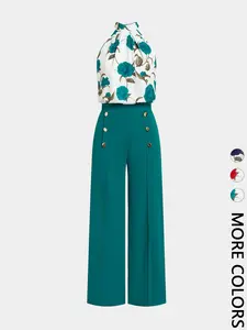 Women's Elegant Two-Piece Set, Floral Print Halter Short Top + High Waist Wide Leg Pants, Stylish Casual for Spring & Fall