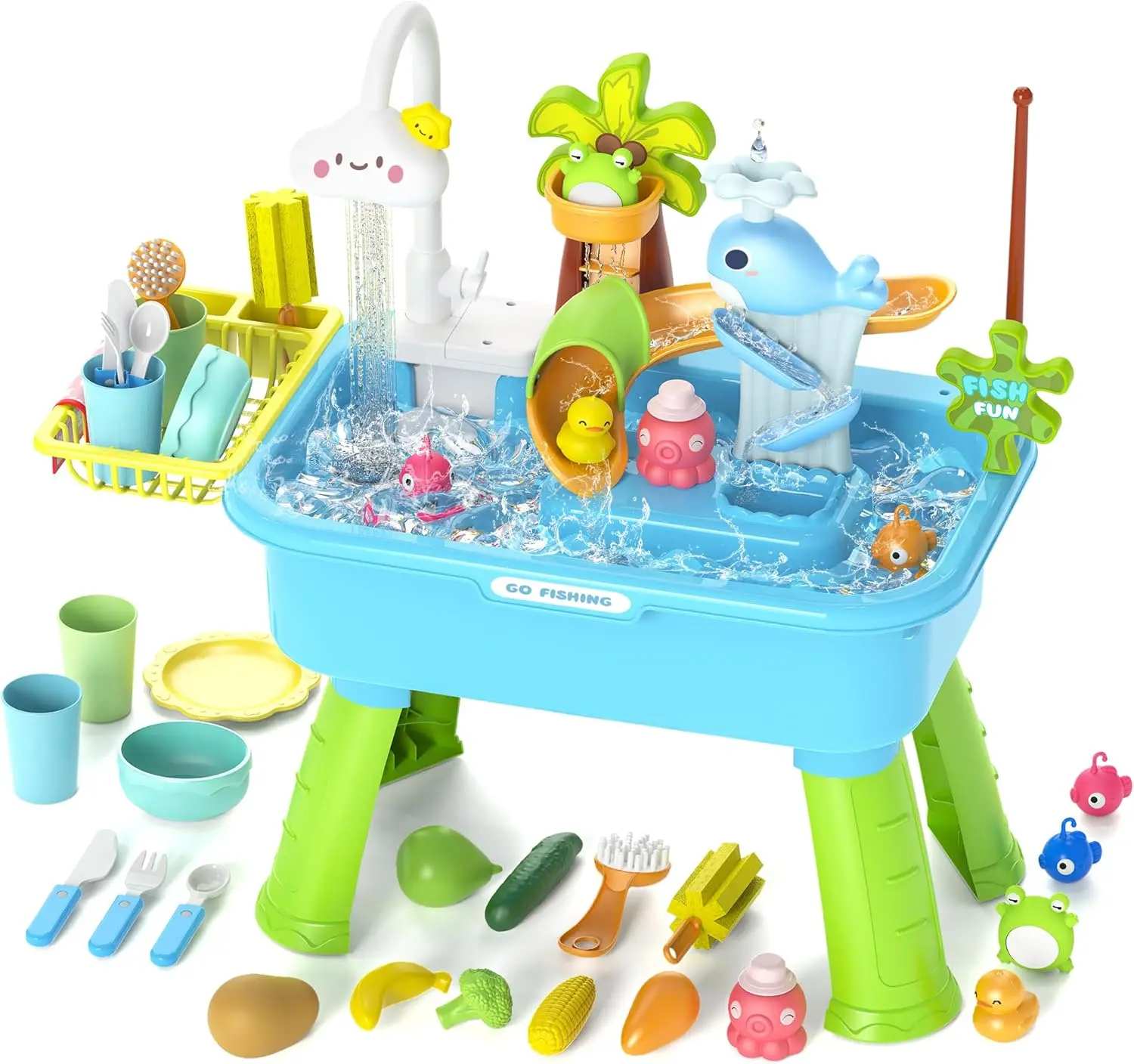 4-in-1 Electric Water Table Toy for Toddlers 1-3,Kitchen Play Sink Toys with Running Water for Kid with Water Pump,Animals, Food, Tableware,Pretend Role Birthday Toy for Boy and Girl