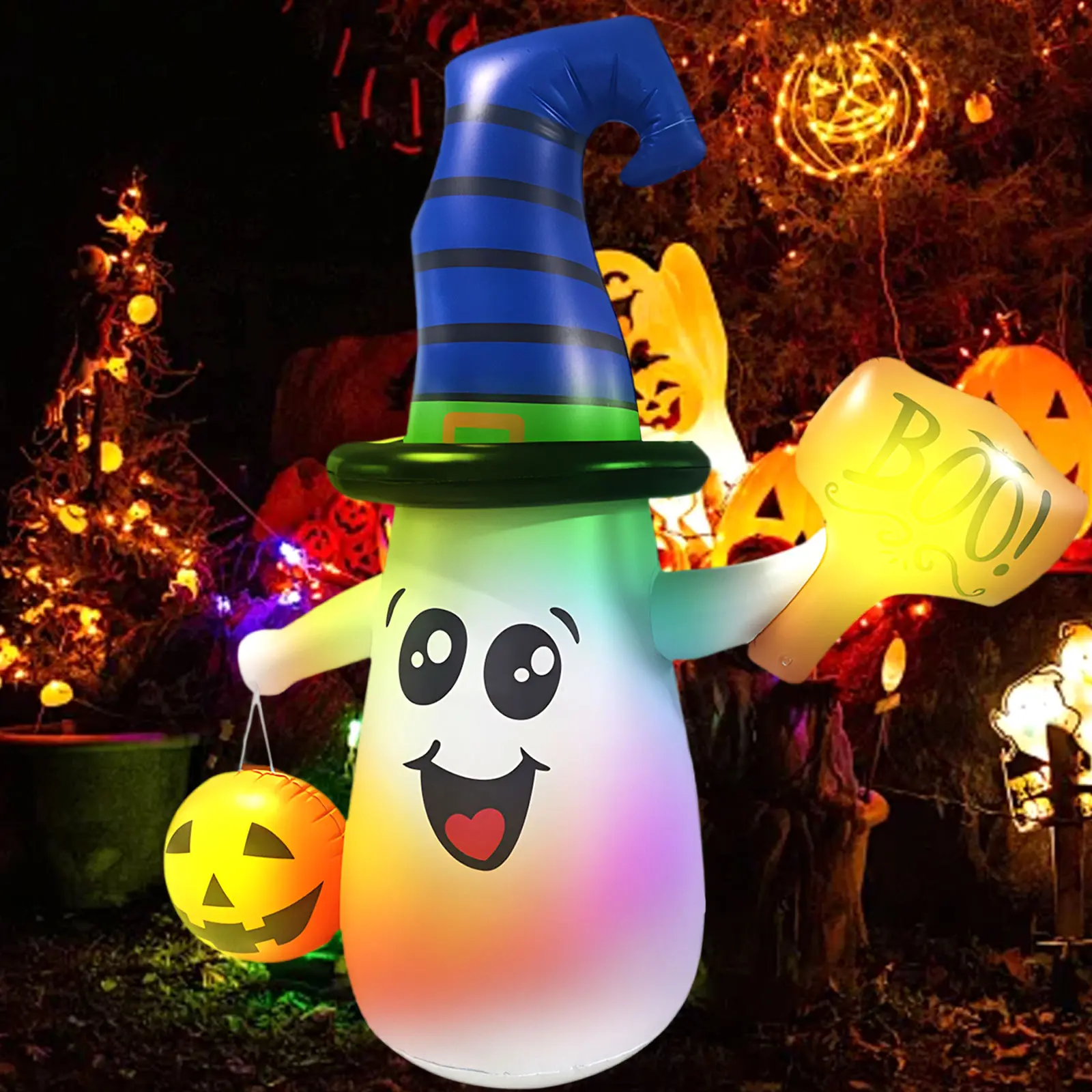 4.9 FT Halloween Inflatables Ghost, Outdoor Decorations Blow Up Ghost with Pumpkin for Garden Lawn Indoor Party Holiday Decor