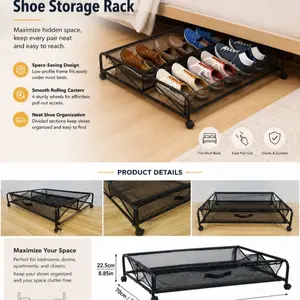 Simple shoe rack, Durable storage, under-bed shelf, Organizer with shelf, multi-functional iron bedroom storage box, storage mesh bag with pulley shoes, room and bedroom storage, multi-functional storage